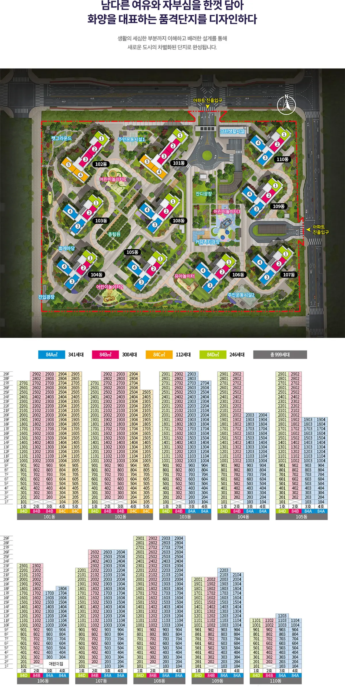 평택화양 신영지웰의 단지배치도와 동호수표